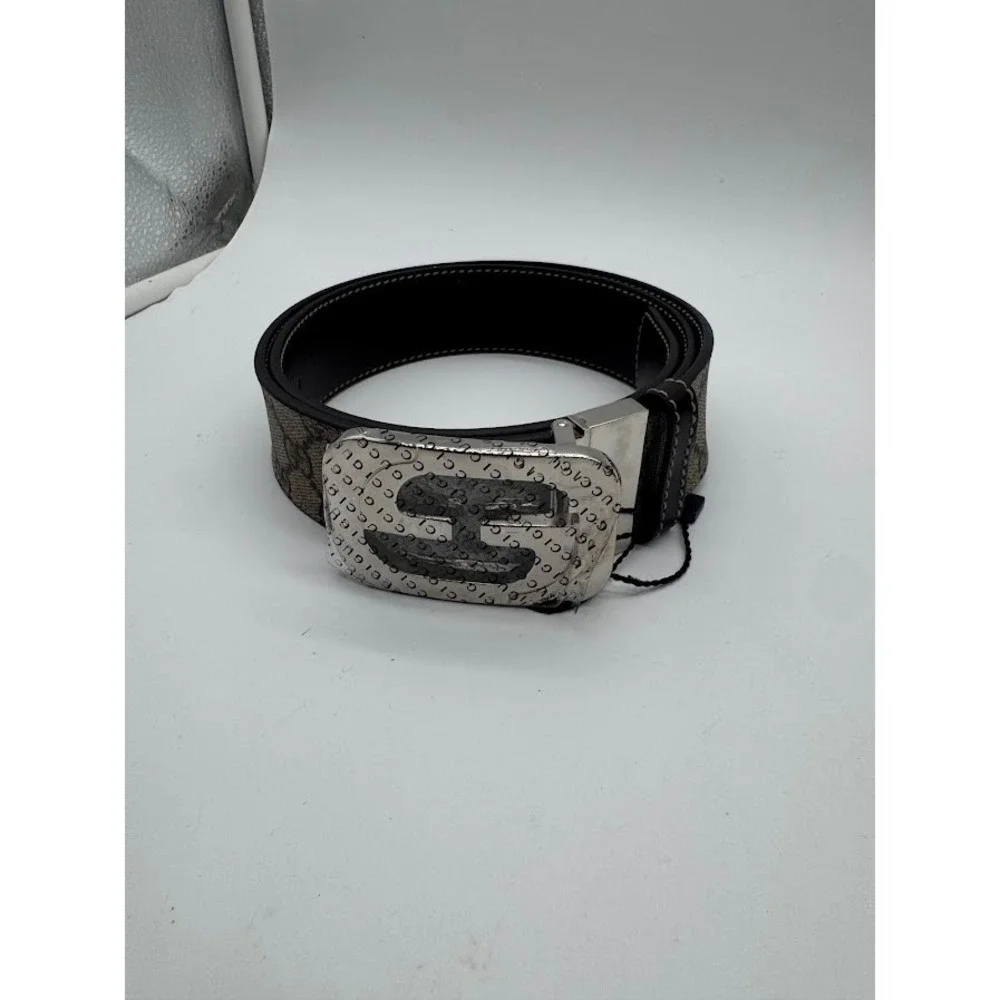 Gucci GG Supreme Canvas Interlocking G Buckle Belt Brown Leather 223891 Size 34